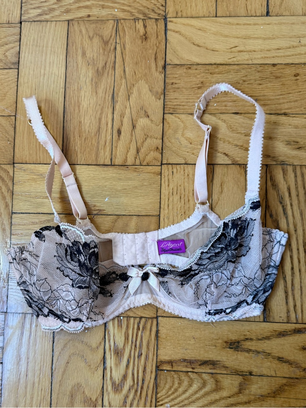 Agent Provocateur Blush Pink Underwire Bra with Black Floral Lace